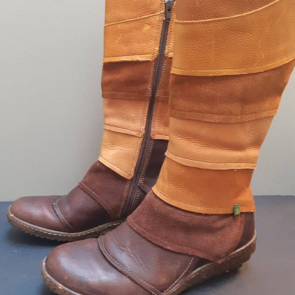 El Naturalista Patchwork leather boots, brown leather, suede, 8.5